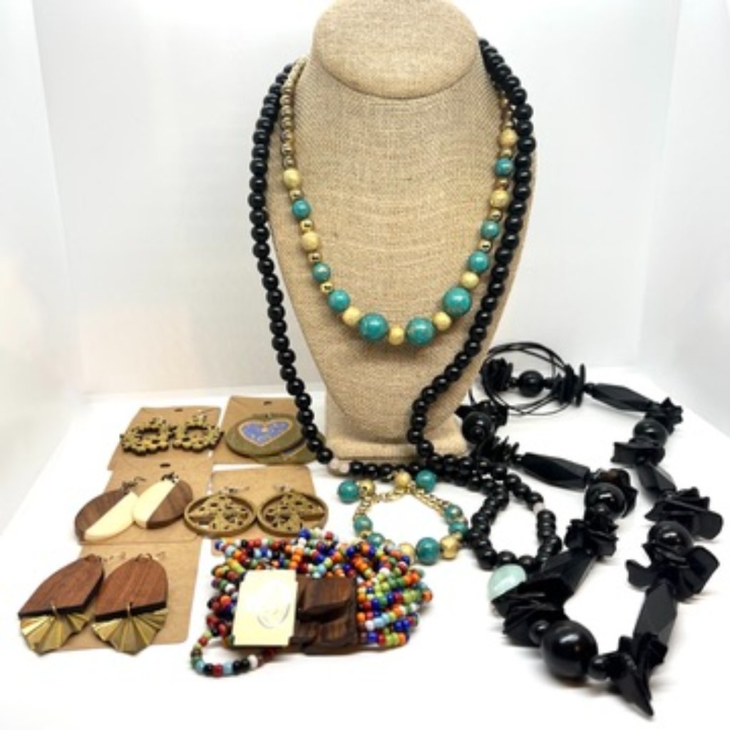 Boho Wood Bead Jewelry Lot Earrings Necklaces Bracelets Mixed Set Statement